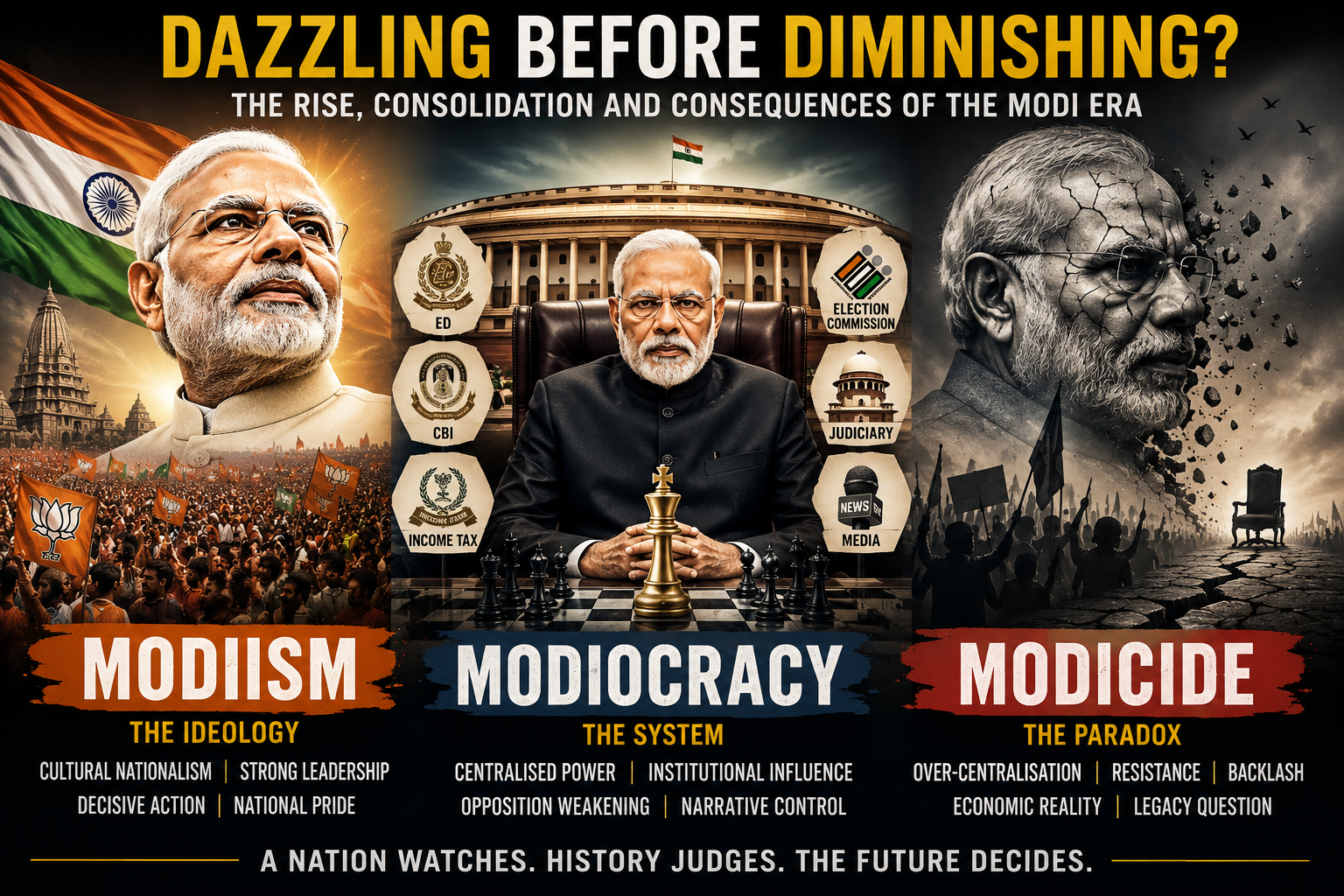 Narendra Modi is racing against time to win or vanish. Rahul Gandhi’s recent declaration that Modi government would be trounced in less than a year from now, has rattled Modi and hence he has hastened to increase his strength from 240 to 362, a three fourths majority in Lok Sabha and even in the Rajya Sabha to assert his supremacy in bringing legislative changes in the Constitution of India like Delimitation and One Nation and Election or even Presidential form of Government